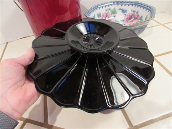 VINTAGE SHANGHAI SERVING BOWL, BLACK PEDASTAL PLATE & ICE BUCKET