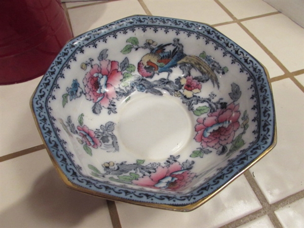 VINTAGE SHANGHAI SERVING BOWL, BLACK PEDASTAL PLATE & ICE BUCKET