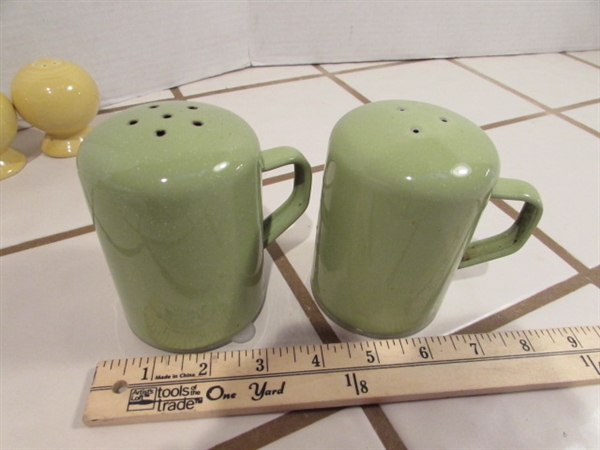 FIESTA WARE & ENAMELWARE SALT & PEPPER SHAKERS, 2 CERAMIC NAPKIN HOLDERS