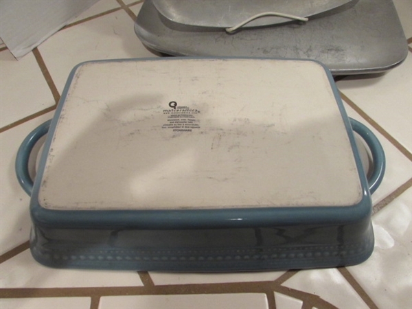 PORTUGESE STONEWARE CASSEROLE & PAIR OF ALUMINUM PLATTERS