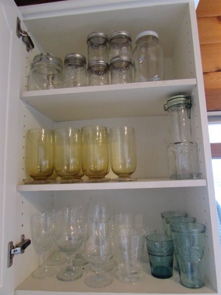 VINTAGE YELLOW FOOTED TUMBLERS, MISC. GLASSWARE, JARS & MORE