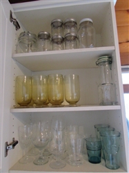 VINTAGE YELLOW FOOTED TUMBLERS, MISC. GLASSWARE, JARS & MORE