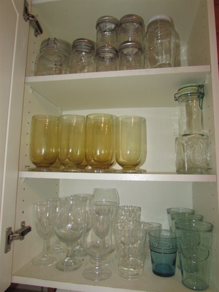 VINTAGE YELLOW FOOTED TUMBLERS, MISC. GLASSWARE, JARS & MORE