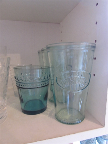 VINTAGE YELLOW FOOTED TUMBLERS, MISC. GLASSWARE, JARS & MORE