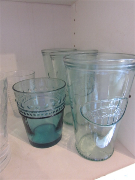 VINTAGE YELLOW FOOTED TUMBLERS, MISC. GLASSWARE, JARS & MORE