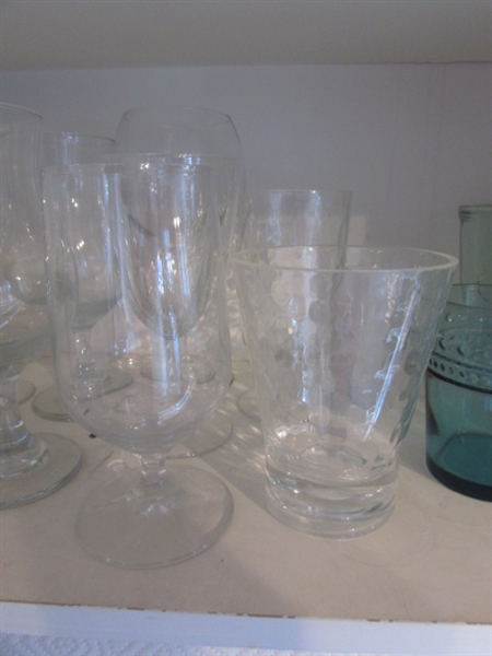 VINTAGE YELLOW FOOTED TUMBLERS, MISC. GLASSWARE, JARS & MORE