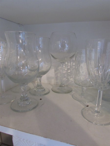 VINTAGE YELLOW FOOTED TUMBLERS, MISC. GLASSWARE, JARS & MORE