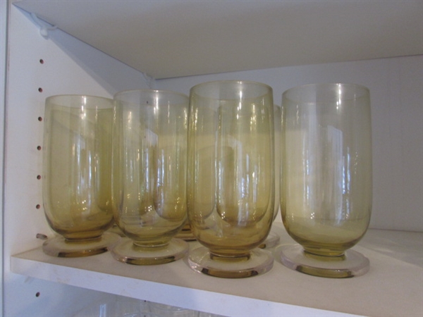 VINTAGE YELLOW FOOTED TUMBLERS, MISC. GLASSWARE, JARS & MORE