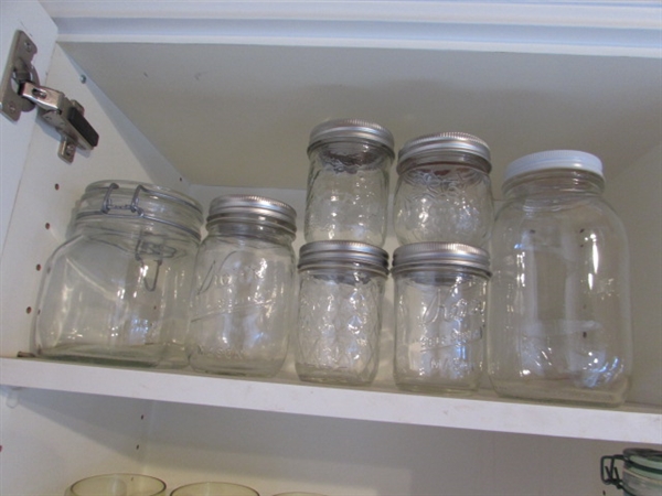 VINTAGE YELLOW FOOTED TUMBLERS, MISC. GLASSWARE, JARS & MORE