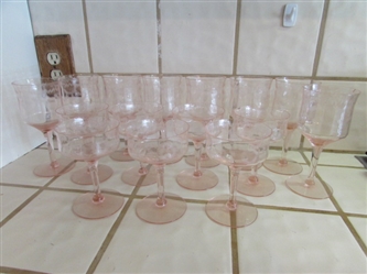 VINTAGE ETCHED PINK DEPRESSION ERA STEMWARE GLASSES