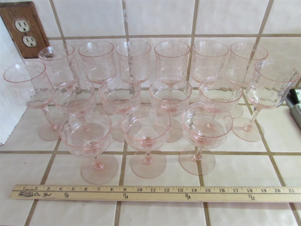 VINTAGE ETCHED PINK DEPRESSION ERA STEMWARE GLASSES