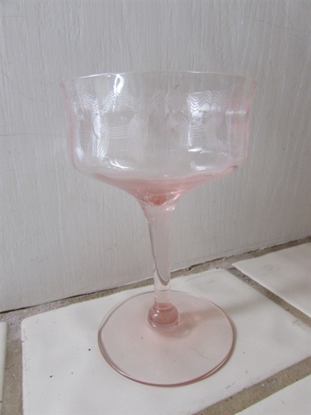 VINTAGE ETCHED PINK DEPRESSION ERA STEMWARE GLASSES