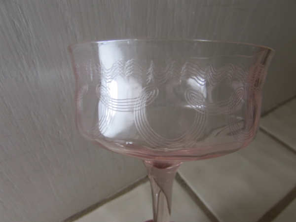 VINTAGE ETCHED PINK DEPRESSION ERA STEMWARE GLASSES