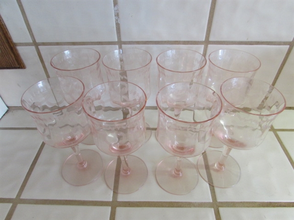 VINTAGE ETCHED PINK DEPRESSION ERA STEMWARE GLASSES