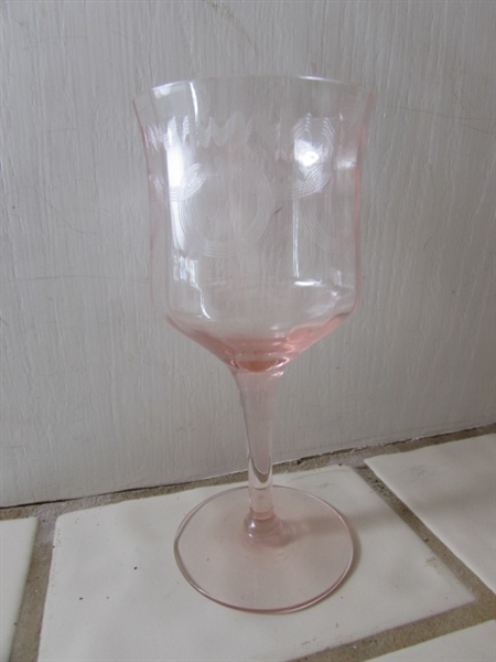 VINTAGE ETCHED PINK DEPRESSION ERA STEMWARE GLASSES