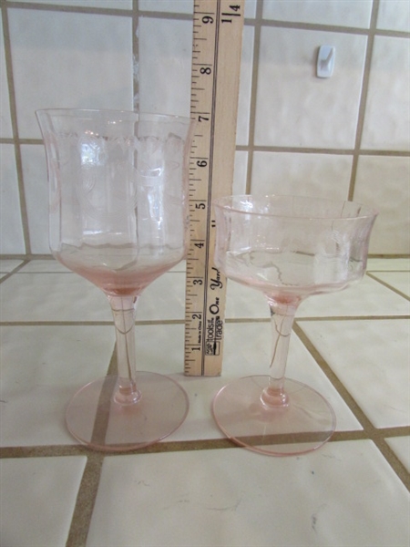 VINTAGE ETCHED PINK DEPRESSION ERA STEMWARE GLASSES