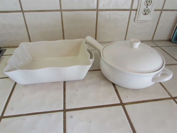 WORLD MARKET WHITE SERVING DISH & LIDDED POT