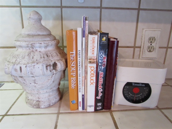 COOKBOOKS, KITCHEN SCALE & DECORATIVE URN