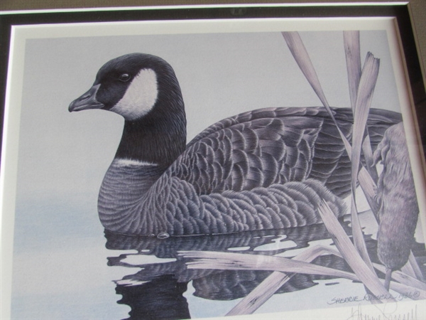 SHERRIE RUSSELL FRAMED PRINT CACKLING CANADA GOOSE - EXECUTIVE EDITION 197/200 - SIGNED & NUMBERED W/COA