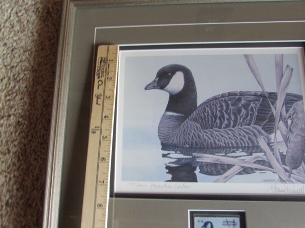 SHERRIE RUSSELL FRAMED PRINT CACKLING CANADA GOOSE - EXECUTIVE EDITION 197/200 - SIGNED & NUMBERED W/COA