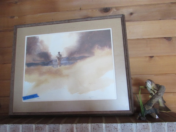 MAN FISHING FRAMED ART PRINT BY HUGH MOSSMAN & RESIN TROUT