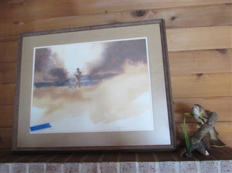 "MAN FISHING" FRAMED ART PRINT BY HUGH MOSSMAN & RESIN TROUT