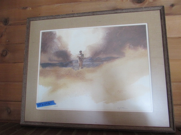 MAN FISHING FRAMED ART PRINT BY HUGH MOSSMAN & RESIN TROUT