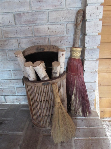 WHISK BROOMS, BASKET & WHITE BIRCH LOGS