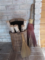 WHISK BROOMS, BASKET & WHITE BIRCH LOGS