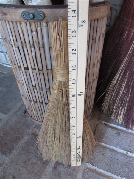 WHISK BROOMS, BASKET & WHITE BIRCH LOGS