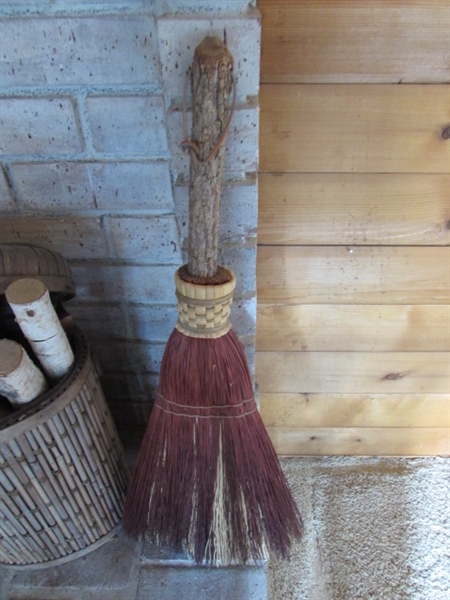 WHISK BROOMS, BASKET & WHITE BIRCH LOGS