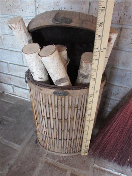 WHISK BROOMS, BASKET & WHITE BIRCH LOGS