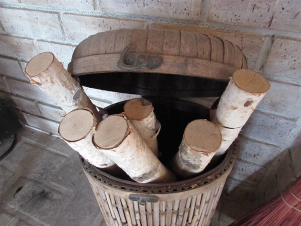 WHISK BROOMS, BASKET & WHITE BIRCH LOGS