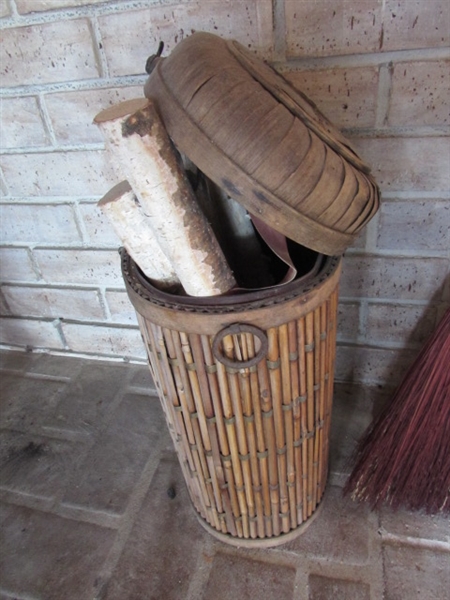 WHISK BROOMS, BASKET & WHITE BIRCH LOGS