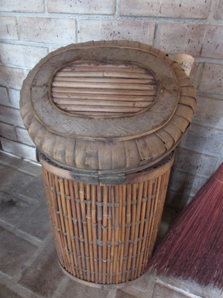 WHISK BROOMS, BASKET & WHITE BIRCH LOGS