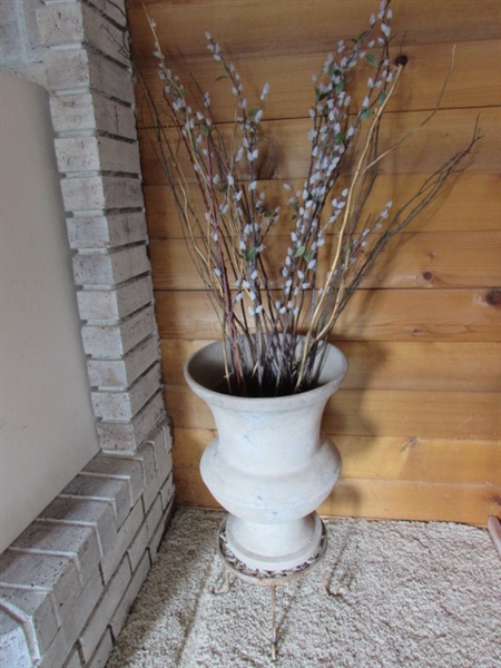 LARGE CLAY? VASE W/PUSSYWILLOWS & SMALL METAL PLANT STAND