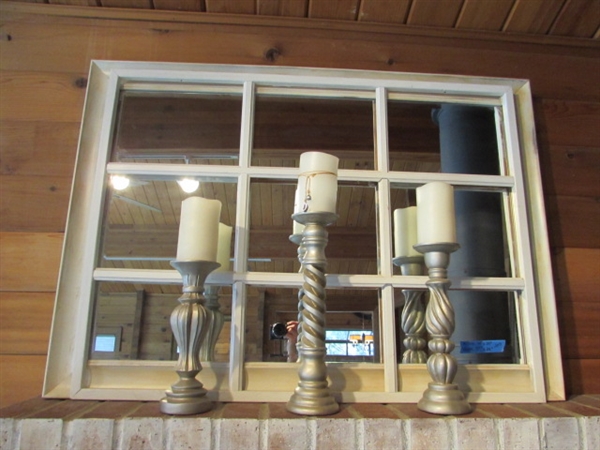 ANTIQUE WINDOW W/MIRROR & 9-PANE FRAME, CANDLE STICKS W/FLAMELESS CANDLES