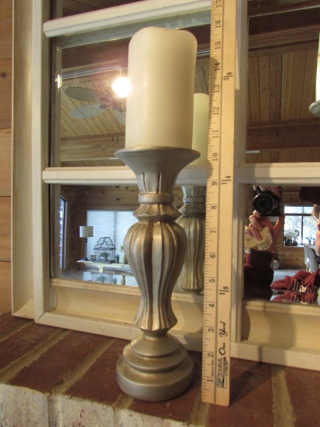 ANTIQUE WINDOW W/MIRROR & 9-PANE FRAME, CANDLE STICKS W/FLAMELESS CANDLES