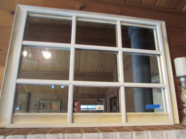 ANTIQUE WINDOW W/MIRROR & 9-PANE FRAME, CANDLE STICKS W/FLAMELESS CANDLES