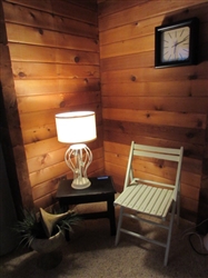 FOLDING WOODEN CHAIR, SIDE TABLE, LAMP, WALL CLOCK & DECOR