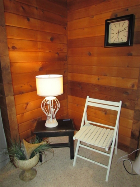 FOLDING WOODEN CHAIR, SIDE TABLE, LAMP, WALL CLOCK & DECOR