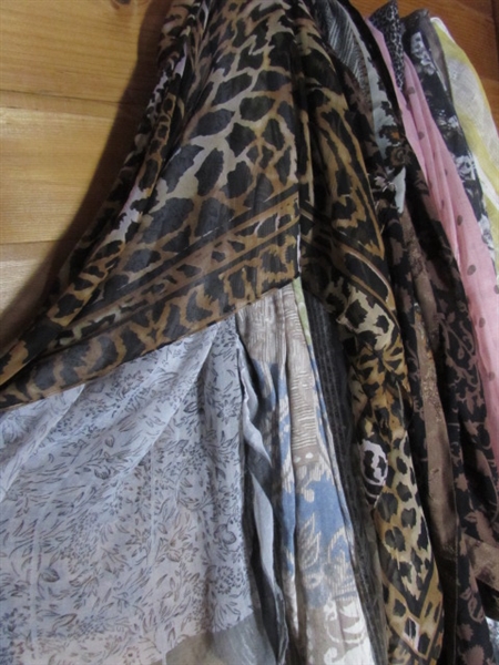 LARGE COLLECTION OF FASHION SCARVES, BASKET OF POUCHES & A BELT