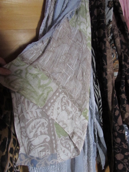 LARGE COLLECTION OF FASHION SCARVES, BASKET OF POUCHES & A BELT