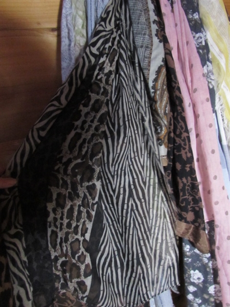 LARGE COLLECTION OF FASHION SCARVES, BASKET OF POUCHES & A BELT