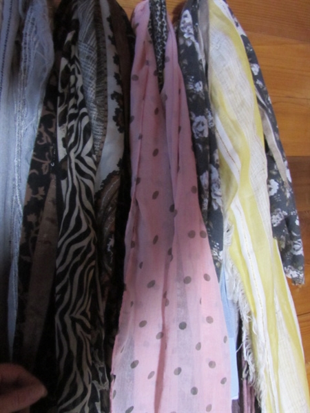 LARGE COLLECTION OF FASHION SCARVES, BASKET OF POUCHES & A BELT