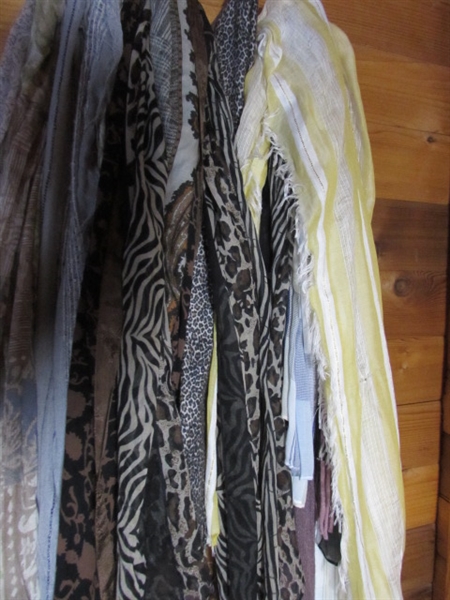 LARGE COLLECTION OF FASHION SCARVES, BASKET OF POUCHES & A BELT