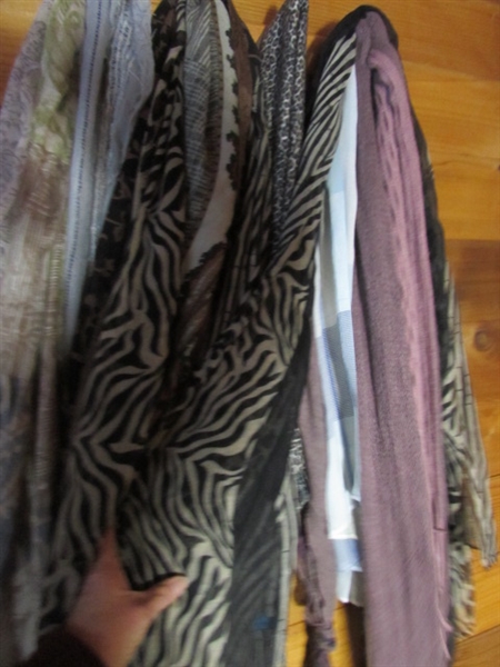 LARGE COLLECTION OF FASHION SCARVES, BASKET OF POUCHES & A BELT