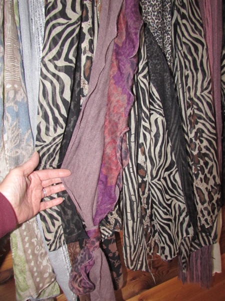 LARGE COLLECTION OF FASHION SCARVES, BASKET OF POUCHES & A BELT