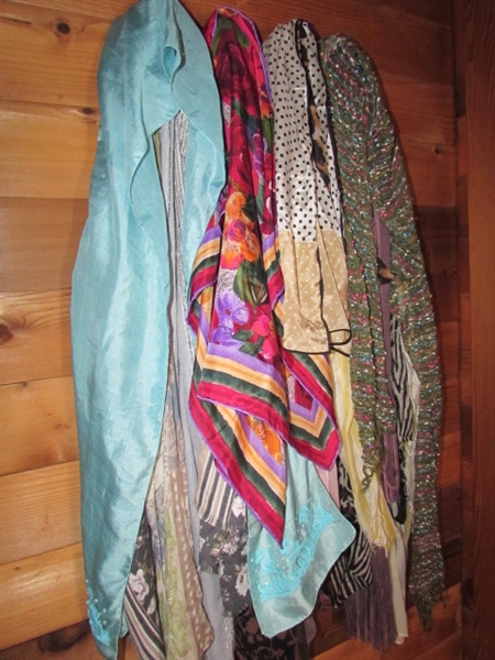 LARGE COLLECTION OF FASHION SCARVES, BASKET OF POUCHES & A BELT