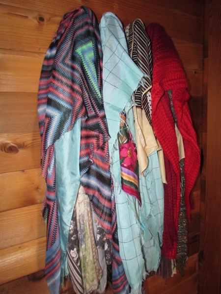 LARGE COLLECTION OF FASHION SCARVES, BASKET OF POUCHES & A BELT